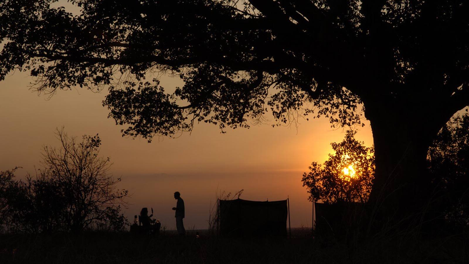 silhouetted fly-camp at sunset
